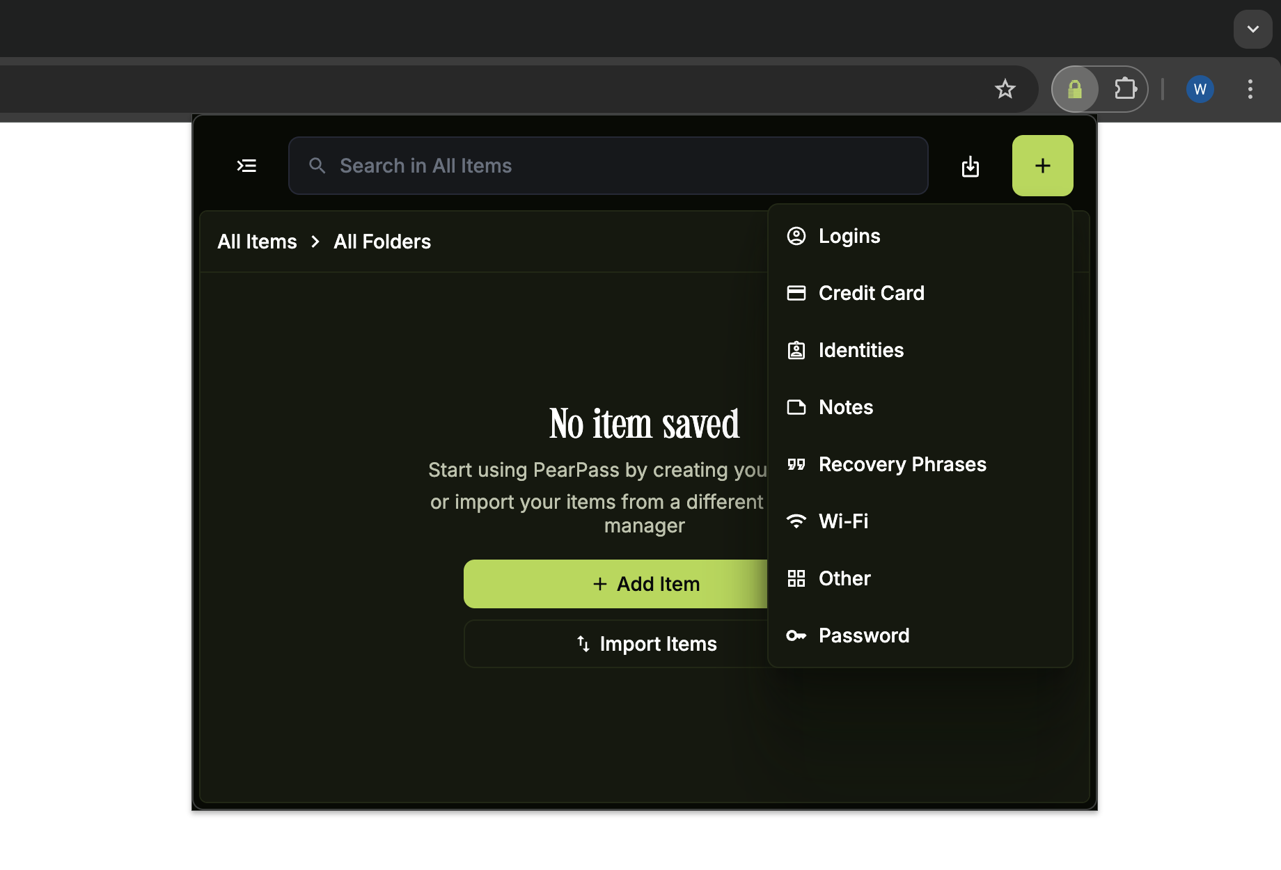 Select item type in the browser extension